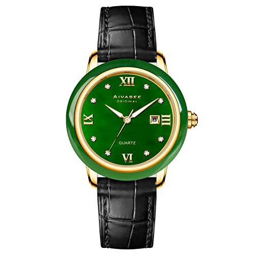 Aivasee Women's Luxury Green Jade Watch, Japanese Quartz Movement, Leather...