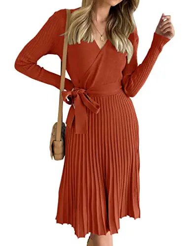 ZESICA Women's 2023 Fall Long Sleeve Wrap V Neck Ribbed Knit Pleated A Line...