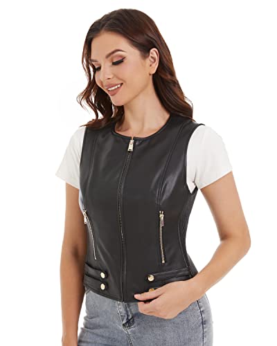 DIASHINY Black Faux Leather Vest For Women Crew Neck Moto PU Motorcycle...