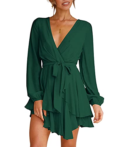 Womens Cocktail Dress Deep V-Neck Long Sleeve Tie Waist Flowy Dresses Green...