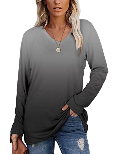 Womens V Neck Long Sleeve Trendy Autumn Tops Casual Tee Shirts Ombre Grey M