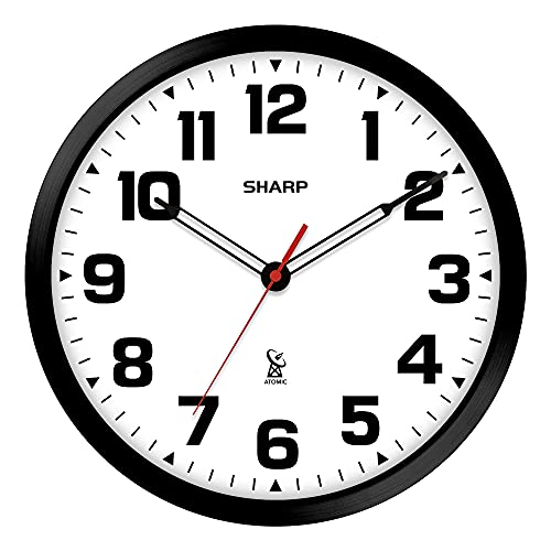 SHARP Atomic Analog Wall Clock - 12' Black Stylish Frame - Sets...