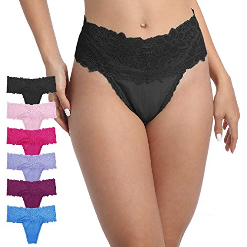 GAREDOB High Waisted Retro Cotton Thongs for Women Pack 6 Lace Underwear...