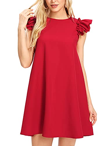 ROMWE Women's Ruffle Trim Sleeve Summer Beach A Line Loose Swing Dress Red...