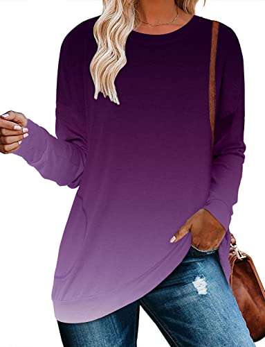 Magritta Oversized Ombre Tee Shirt with Pockets Basic Long Sleeve Crew Neck...