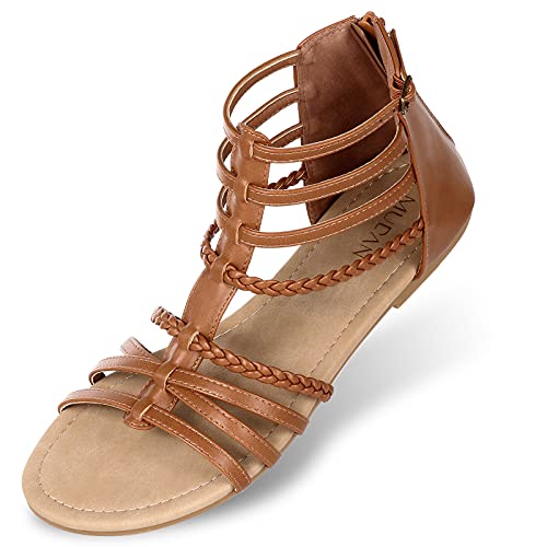 MUDAN Womens Buckle Zip Thong Gladiator Sandal (9 B(M) US, Chestnut)