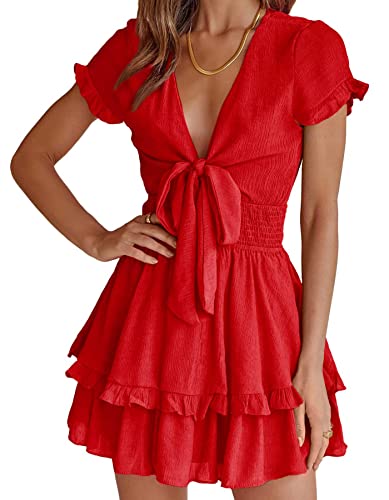 PRETTYGARDEN Women's 2023 Summer Swing Mini Dress Tie Front V Neck Short...