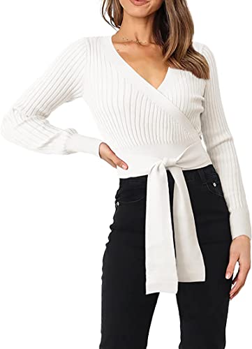 PRETTYGARDEN Women's Fashion Wrap V Neck Cropped Sweater Long Sleeve Solid...