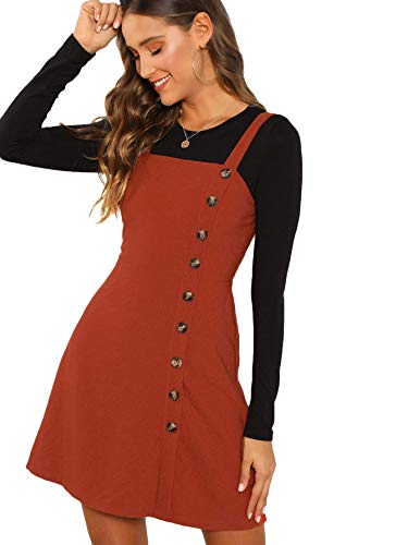 Verdusa Women's Button Front Pinafore Overall Dress Rust M