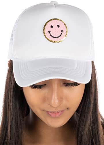 Funky Junque Bridal Snapback Trucker Hat - Smiley Face - White/Pink
