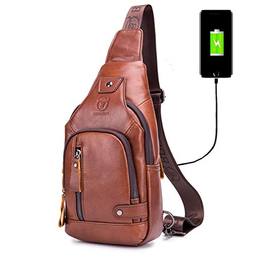 BULLCAPTAIN Genuine Leather Sling Bag with USB Charging Port Multi-pocket...
