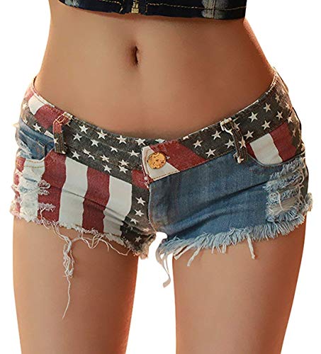 chouyatou Women's Low-Rise American Flag Print Daisy Duke Ripped Denim...