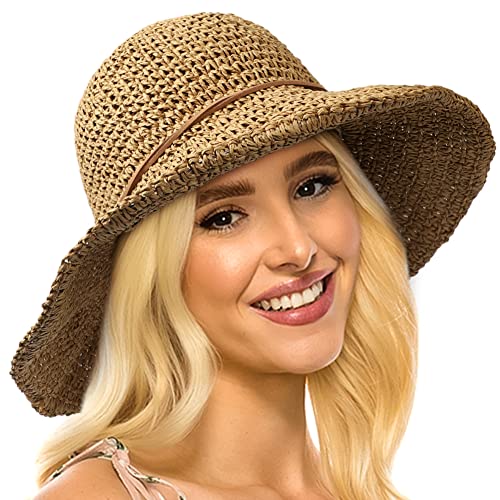 Women's Foldable Straw Sun Hat Wide Brim UPF 50+ Crochet Summer Floppy...
