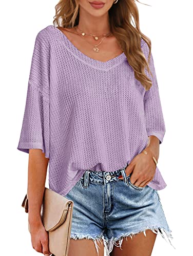 MEROKEETY Women's V Neck Batwing Half Sleeve Shirts Waffle Knit Loose...