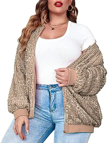 IN'VOLAND Womens Sequin Jacket Plus Size Sparkle Long Sleeve Jackets Front...