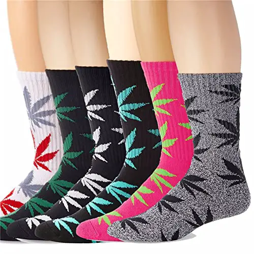 plceo 5 Pair Marijuana Weed Leaf Printed Cotton High Socks (Mix Color)