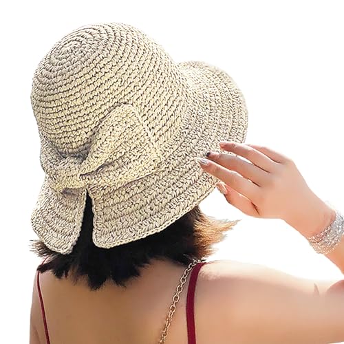 Foldable Wide Brim Floppy Straw Beach Sun Hat,Summer Cap with Bowknot for...
