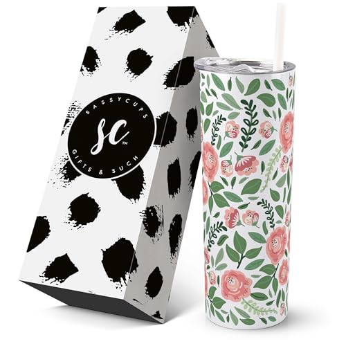 Floral Print Vacuum Insulated Stainless Steel Skinny Tumbler with Straw -...