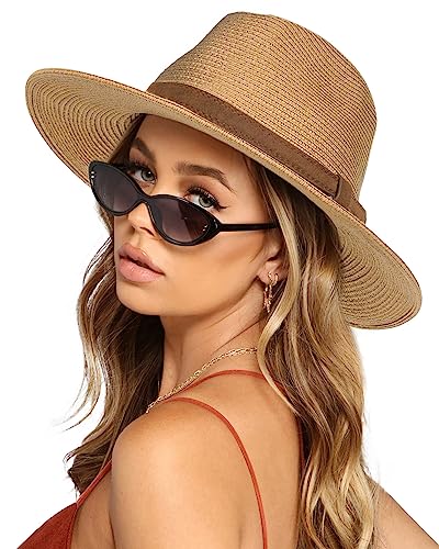 FURTALK Womens Mens Wide Brim Straw Panama Hat Fedora Summer Beach Sun Hat...