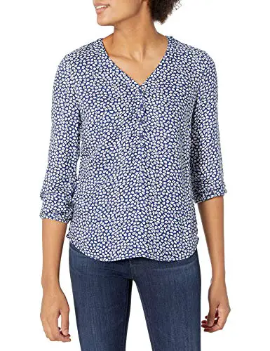 Amazon Essentials Women's 3/4 Sleeve Button Popover Shirt, Navy White...