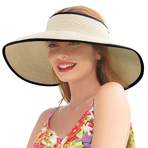 Sun Visors for Women Wide Brim Straw Hat Women Beach Visor Hats for Women...