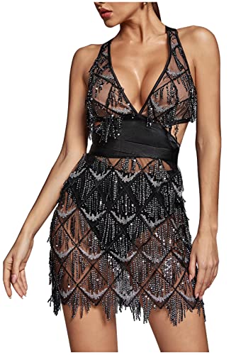 L'VOW Women's Sparkly Sexy Sequin Beaded Halter Bodycon Mini Night Club...