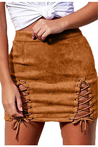 Meyeeka Women Solid Criss Cross Fuax Suede Hollow Out Stretch Mini Skirt...