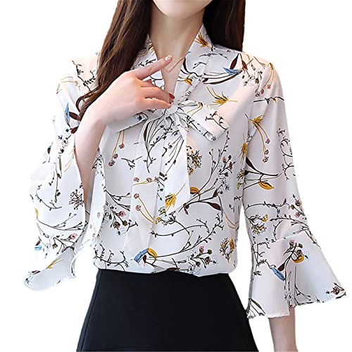 Summer Women Bow V Collar Chiffon Shirt Women White Printing Transparent...