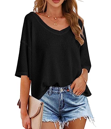 MEROKEETY Women's V Neck Batwing Half Sleeve Shirts Waffle Knit Loose...