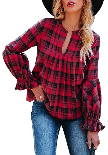 FANCYINN Women's Casual Flannel Plaid Pleated Front Babydoll Tunic Tops...