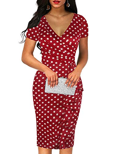 Sakaly Women's Short Sleeve Wrap Red Polka Dot V Neck Work Business Sheath...