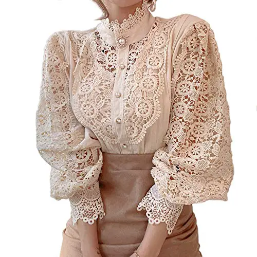 Women’s Stand Collar Lace Patchwork Shirts Casual Hollow Out Flower Petal...