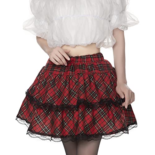 Women's Goth Red Black Plaid Pleated Flared Double Lace Short...