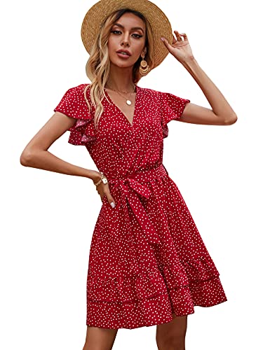 Floerns Women's Summer Polka Dots V Neck Ruffle Cap Sleeve A Line Mini...