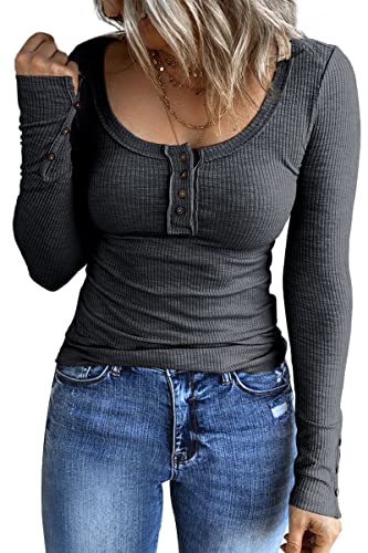 Kissfix Women 2023 Long Sleeve Tops Ribbed Button Down Henley Fitted Shirts...