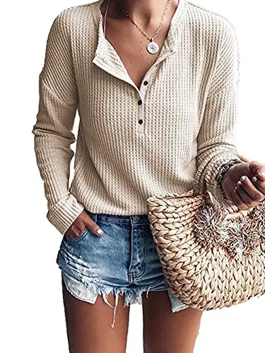 WNEEDU Women's Waffle Knit Tunic Tops Loose Long Sleeve Button Up V Neck...