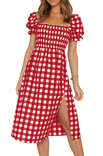 PRETTYGARDEN Plaid Dress for Women Short Puff Sleeve Square Neck Side Split...