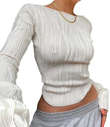 KMBANGI Women Sexy Slim Crop Shirt Long Sleeve Crewneck Fitted Tshirts Top...