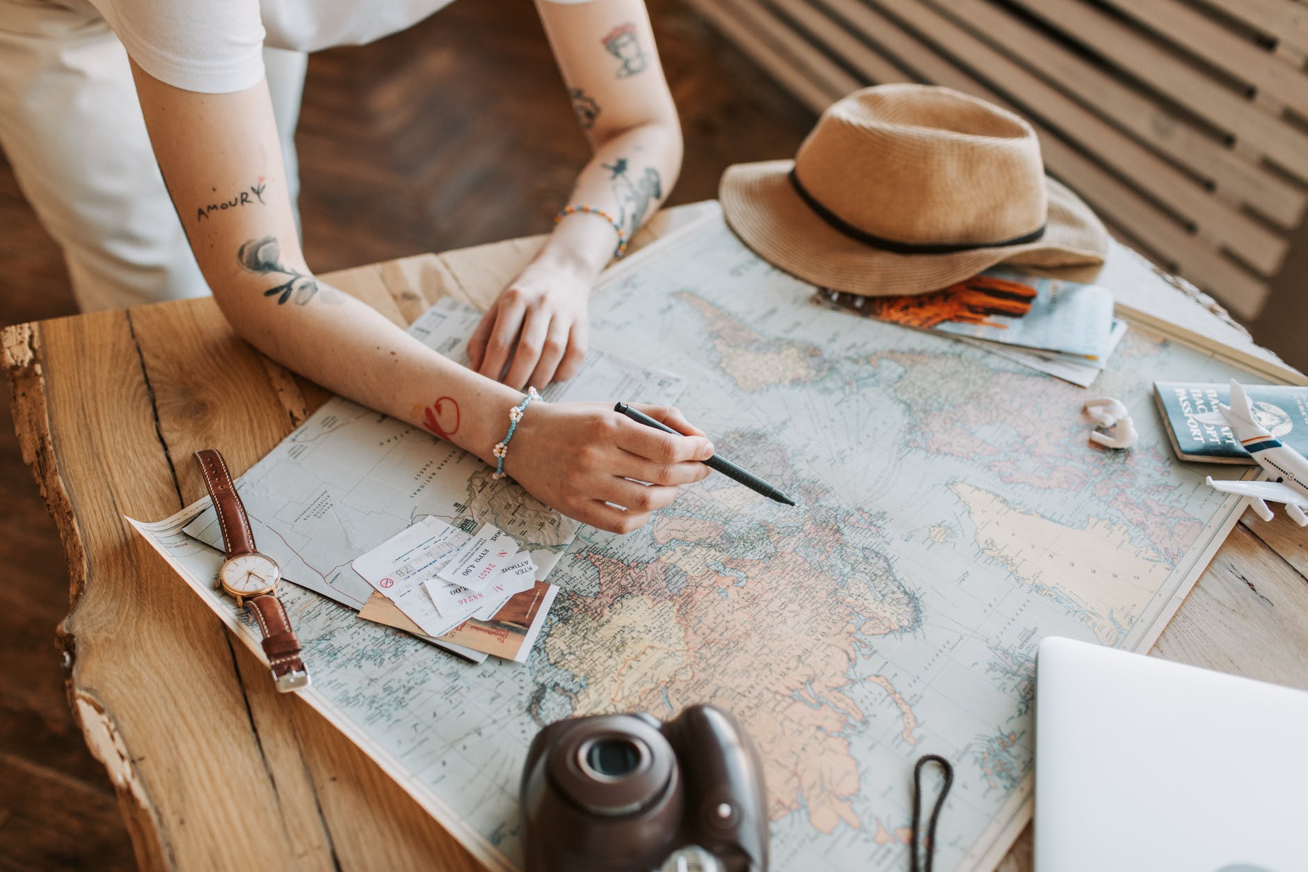 a woman checking a world map