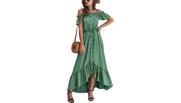 Summer Women’s Off Shoulder Maxi Dress Polka Dots Short Sleeves High Waist Pleated Long Dresses with Belt