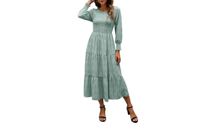 10. Women Long Sleeve Smocked Bodice and Floral Tiered Midi Travel Maxi Dress