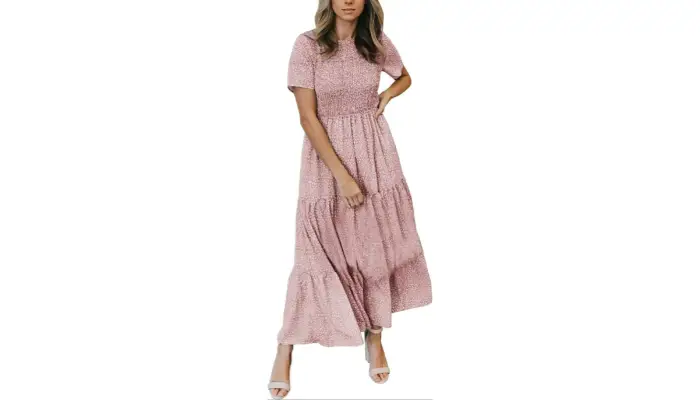 9. Women's Summer Casual Short Sleeve Bohemian Smocked Floral Tiered Maxi Dress
